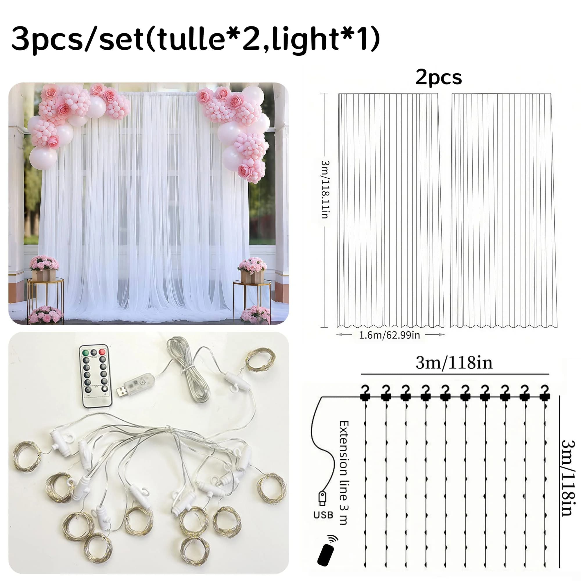 Cortina de tule branco com luzes LED para decoração de eventos