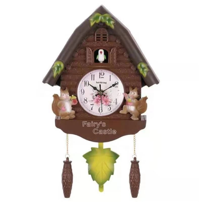 Relógio de parede cuco marrom em resina com esquilos decorativos, pássaro e pêndulo verde