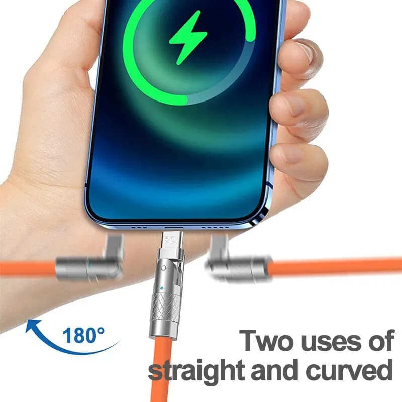 Cabo USB Tipo C laranja com conector giratório 180° para carregamento rápido em smartphone azul