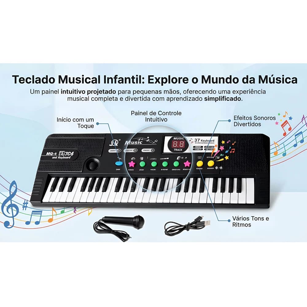 Teclado eletrônico infantil com 37 teclas, display digital, microfone e cabo USB