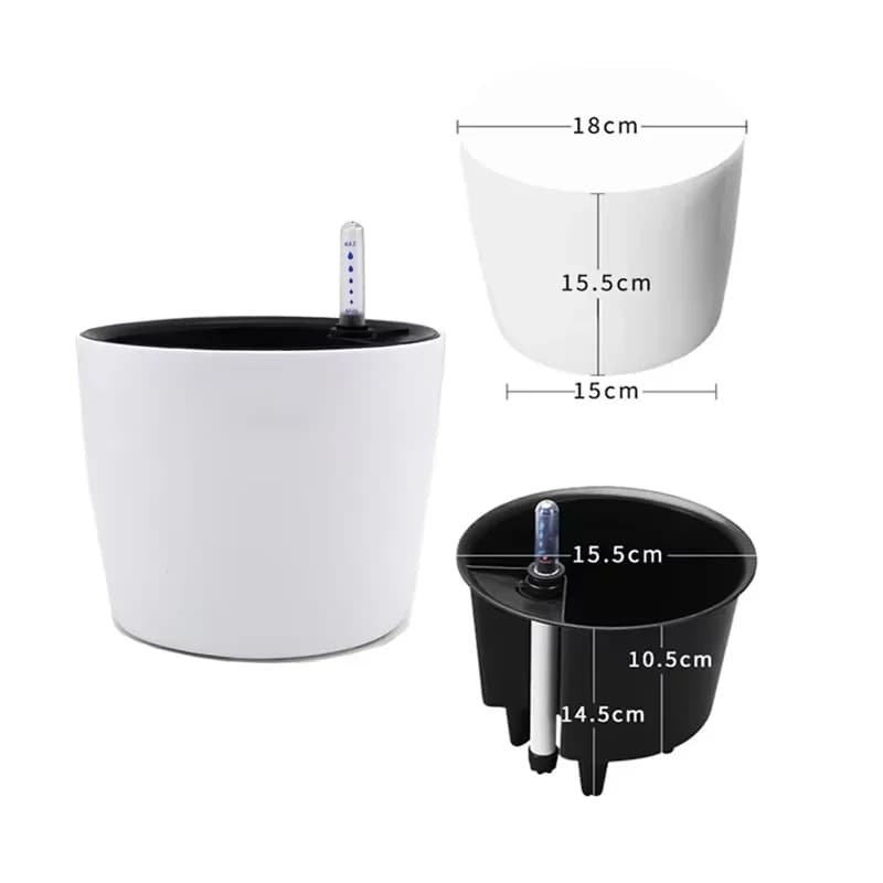 Vaso de plantas plástico branco autoirrigável com indicador de nível e medidas detalhadas para uso doméstico
