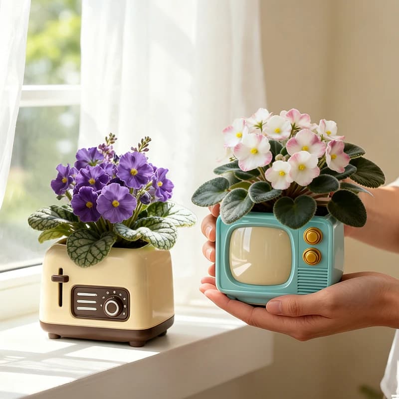 Vasos decorativos em resina estilo TV retrô bege e azul com flores coloridas para suculentas