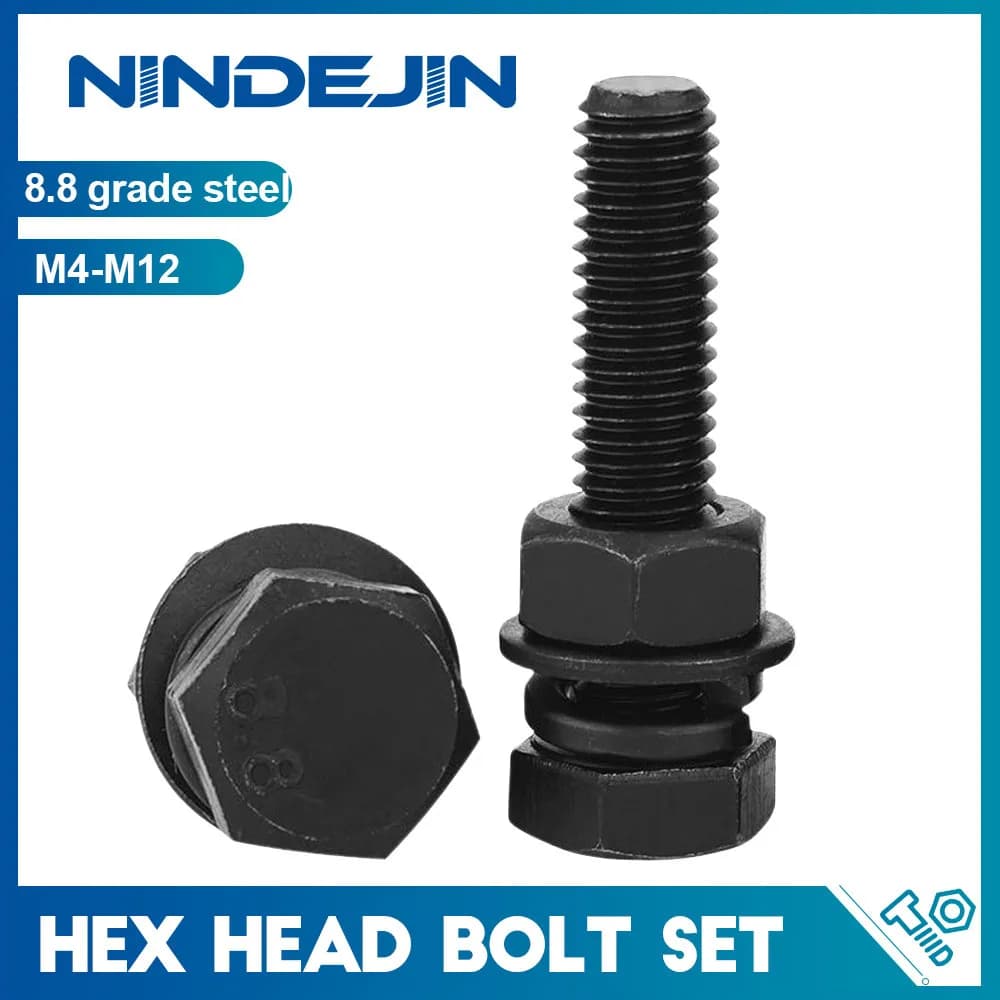 Parafusos de cabeça hexagonal, porcas com arruelas, conjunto de parafusos de cabeça sextavada de aço carbono de grau 8.8, m4 m5 m6 m8 m10 m12, kits de parafusos sextavados