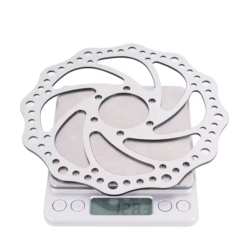Rotor de freio a disco prata metálico para bicicleta esportiva pesando 128,3 gramas com adaptador flange