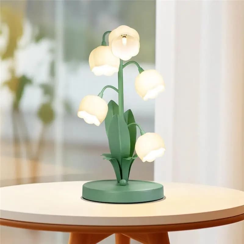 Luminária de mesa vintage com flores de lírio do vale, 5 lâmpadas, 3 modos de cor, verde