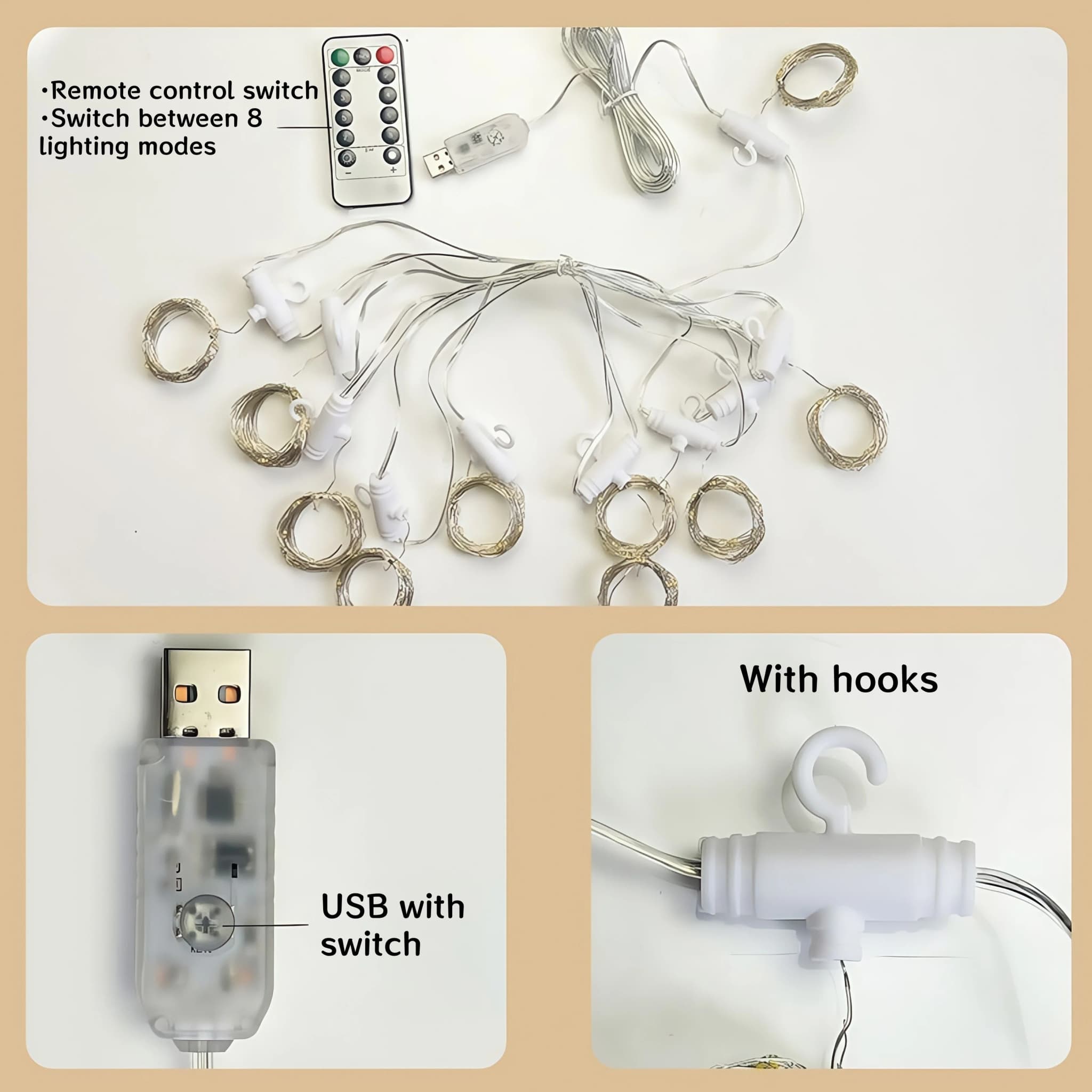 Kit cortina de tule com iluminação LED 3x3m com controle remoto, USB com switch e ganchos para pendurar