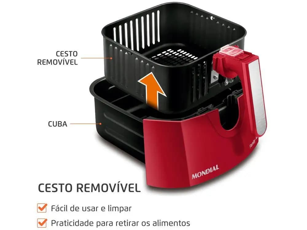 Fritadeira elétrica Mondial Air Fryer vermelha com cesto removível para fácil limpeza