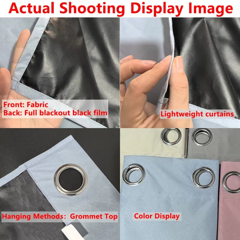 Detalhes das cortinas blackout com tecido leve, filme preto atrás e ilhós metálico