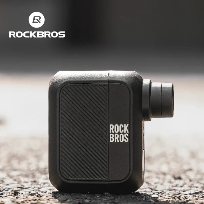Bomba de ar elétrica portátil Rockbros, preta, com logo e texto 'ROCK BROS' visíveis.