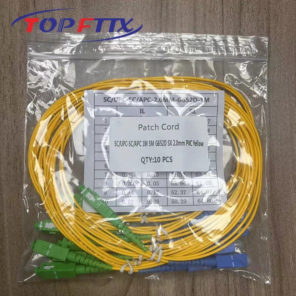 Pacote de 10 cabos de remendo de fibra óptica SC/APC UPC, 1/2 metro, OS2 simplex, 2.0mm, com jaqueta amarela.