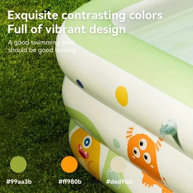 Detalhe da piscina inflável infantil Monster Pool com design vibrante e cores contrastantes verde, laranja e branco