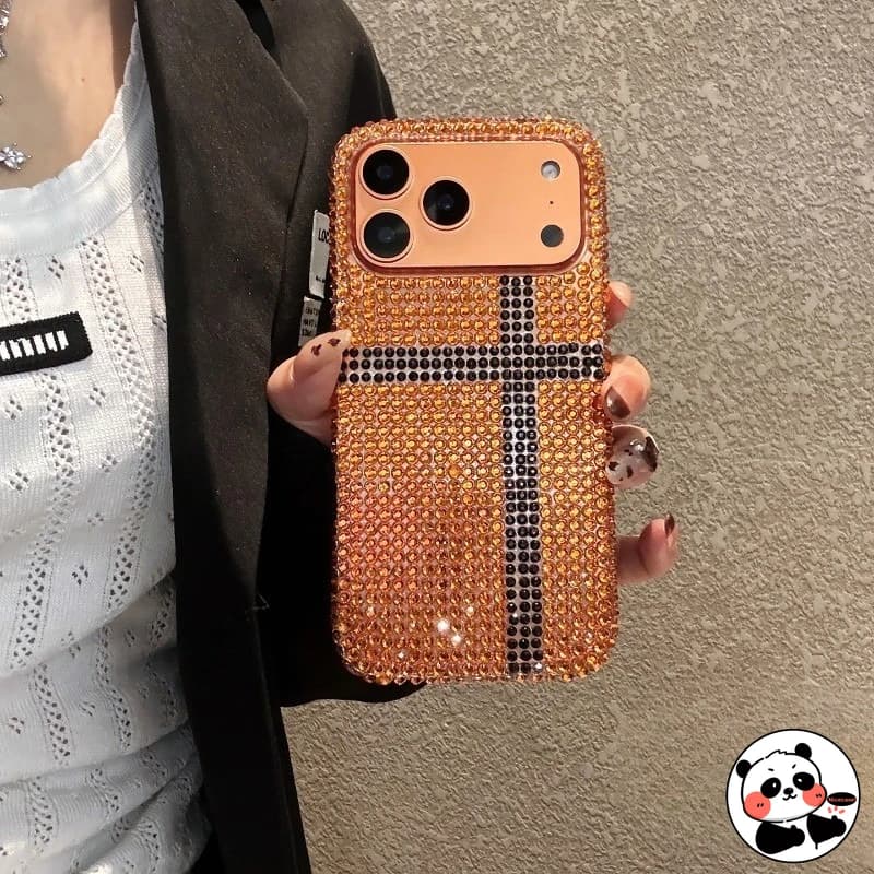 Capa de telefone com strass laranja vibrante para Xiaomi com padrão de cruz e cristais dourados