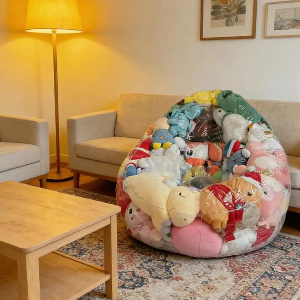 Organizador inflável transparente para sofá com grande capacidade cheio de pelúcias em sala de estar
