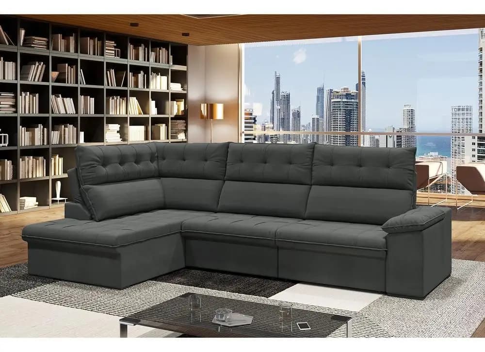Sofa de canto retratil reclinavel cinza escuro