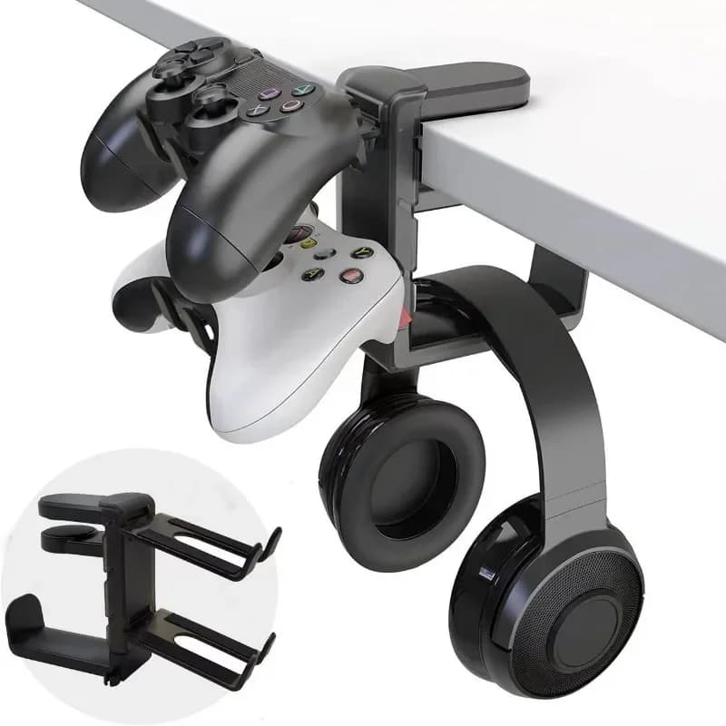 Suporte de fone de ouvido e controle de jogo ajustável para mesa preto
