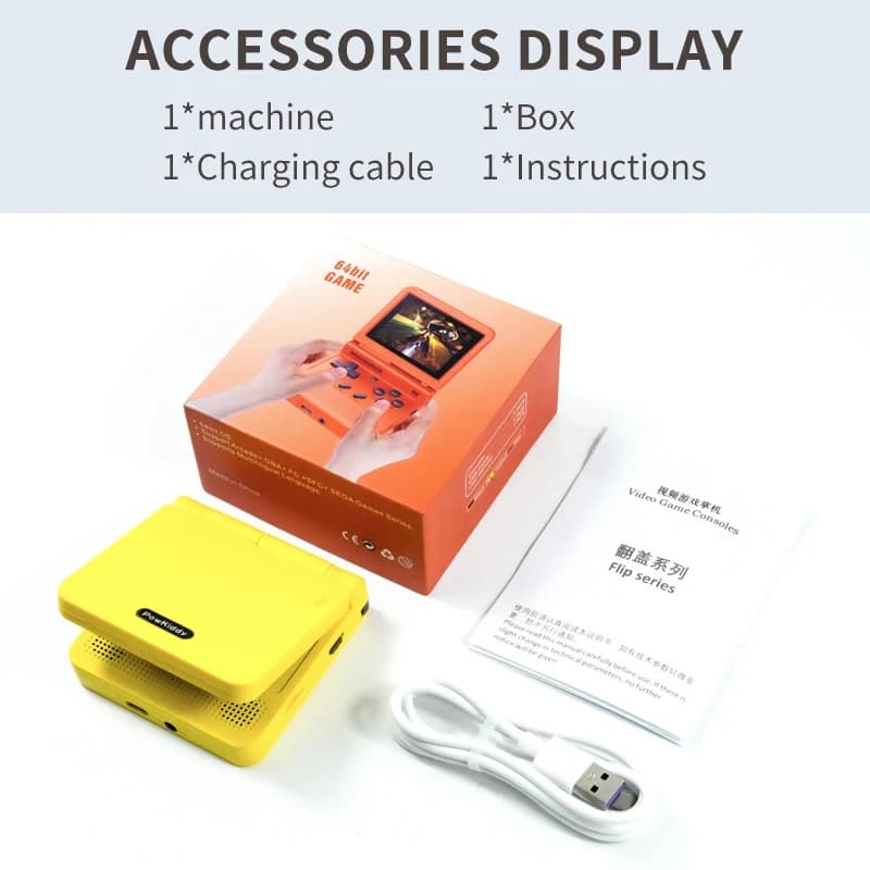 Console portátil Powkiddy V90 amarelo com caixa, cabo USB para carregamento e manual de instruções
