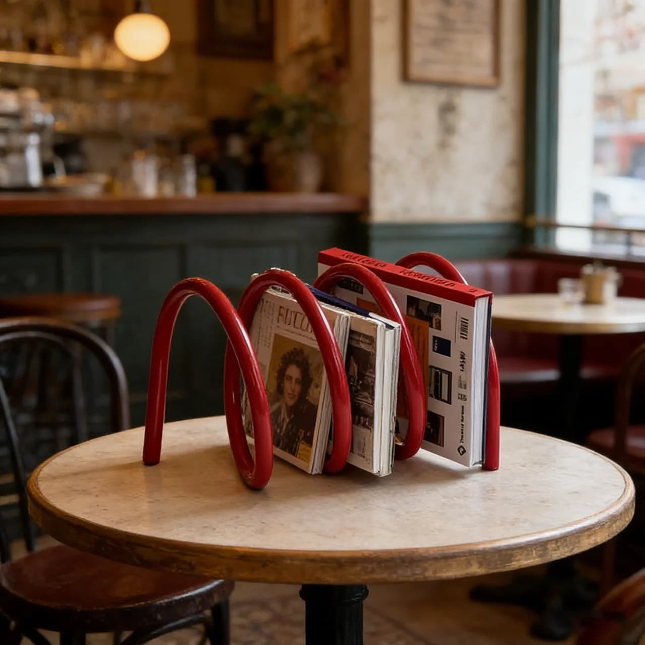Estante rotativa vermelha em forma de 'U' com livros e revistas em um café