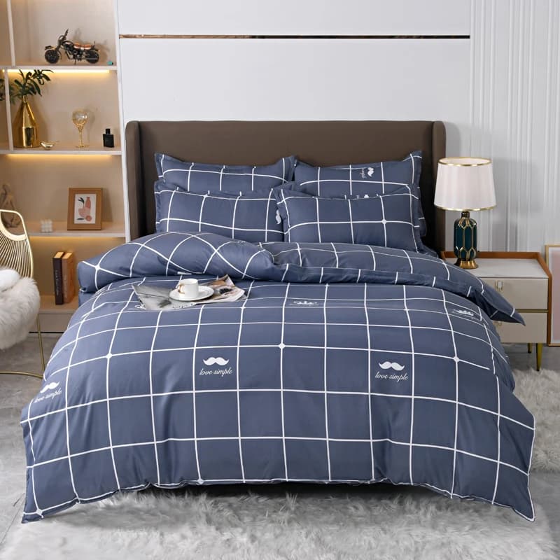 Conjunto de roupa de cama 4 peças full azul marinho com estampa quadriculada branca e detalhes decorativos