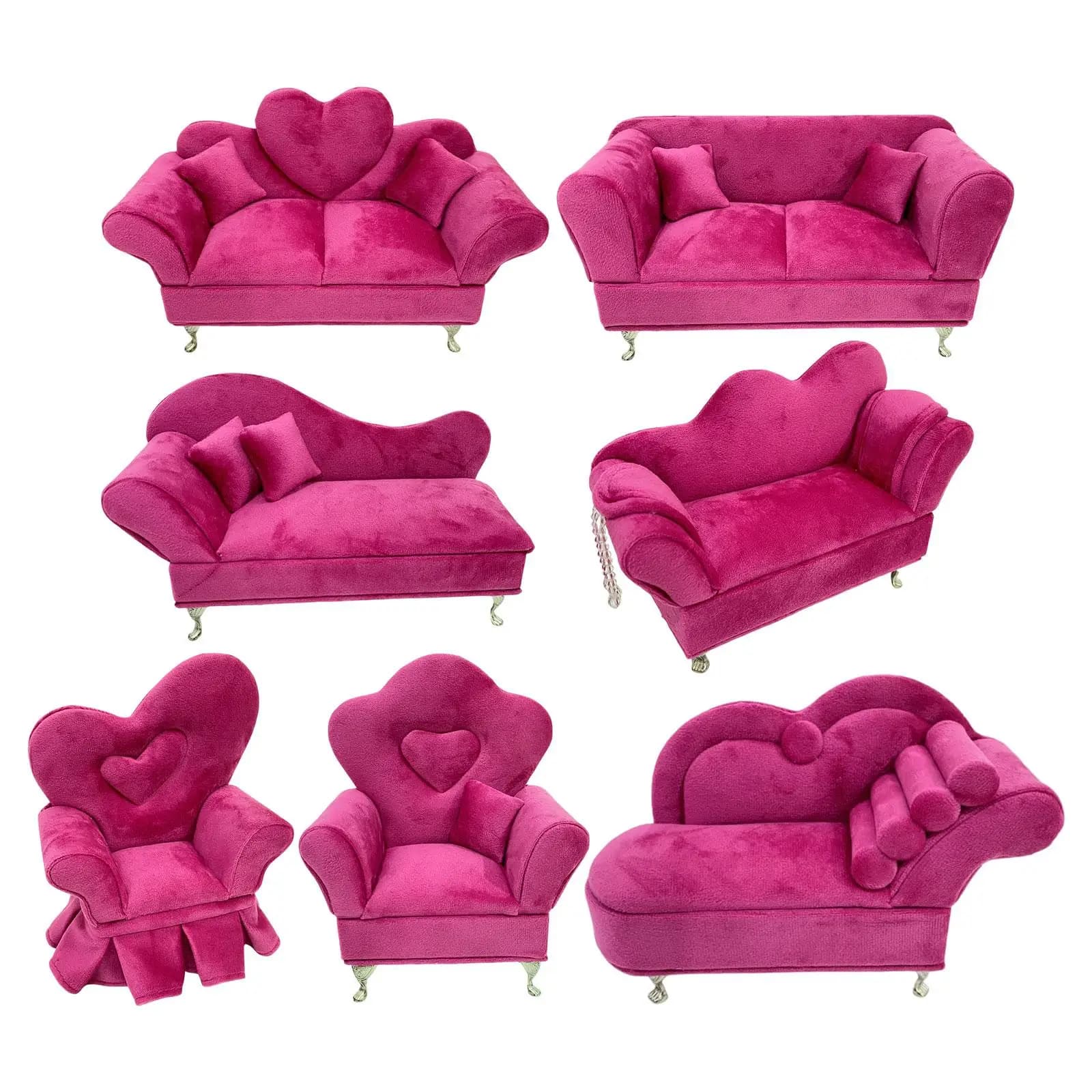 Variedade de caixas de jóias organizadoras rosa em forma de sofás com design aveludado e almofadas decorativas