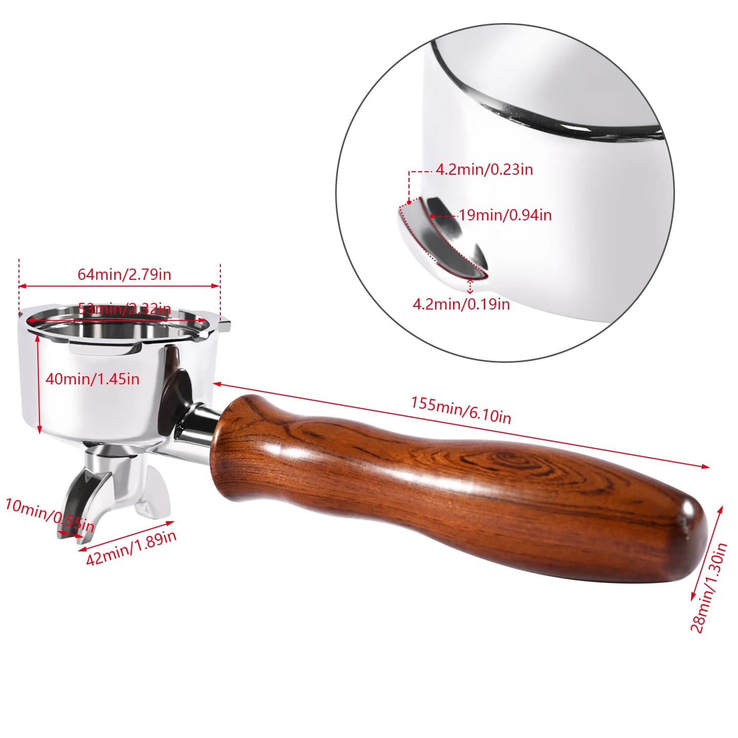 Portafiltro profissional para máquina de café expresso 51mm com alça de madeira marrom e bico duplo inox