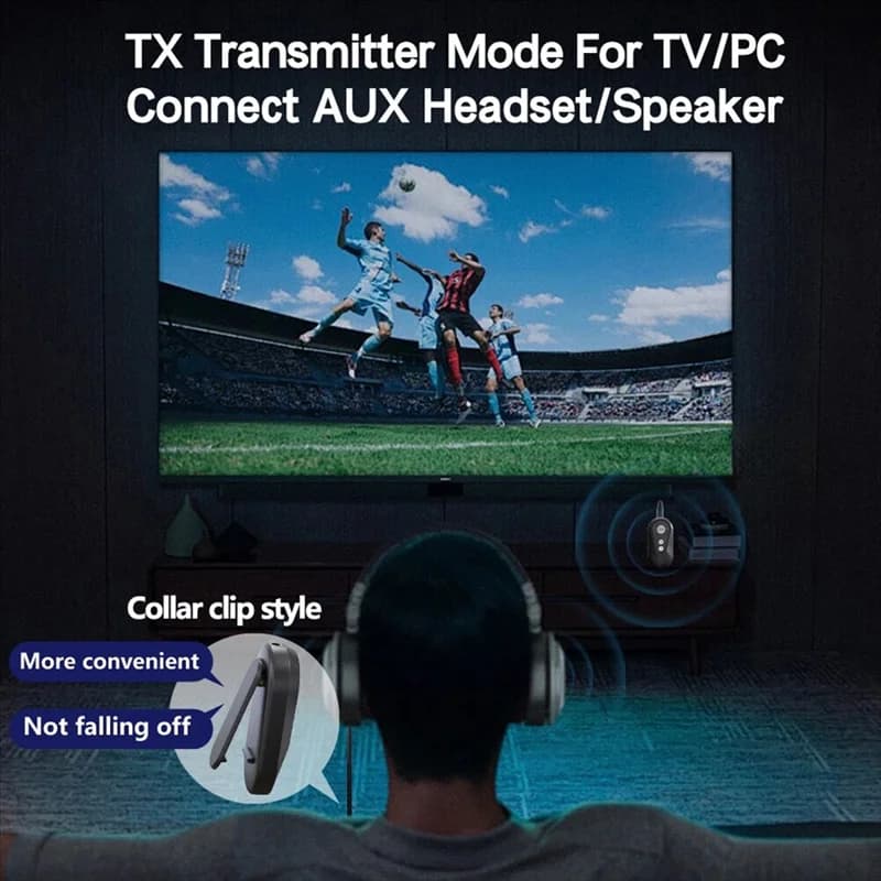 Uso do transmissor Bluetooth ABKN-LE com clipe de colar para TV e PC, conexão com fones e alto-falantes AUX