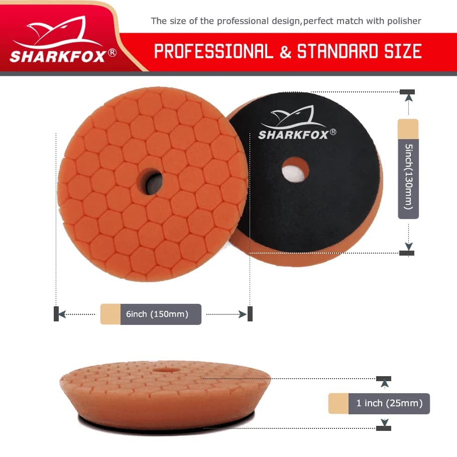 Almofada de polimento Sharkfox laranja 6 polegadas com espuma hexagonal e logo visível