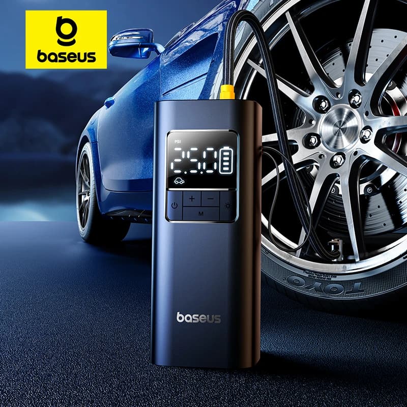 Bomba de ar sem fio portátil Baseus conectada a um pneu de carro, mostrando tela digital com tempo de 24:50.