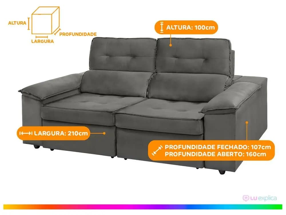 Sofá Kratos SMP cinza com dimensões destacadas: largura 210cm, altura 100cm, profundidade 107cm fechado e 160cm aberto