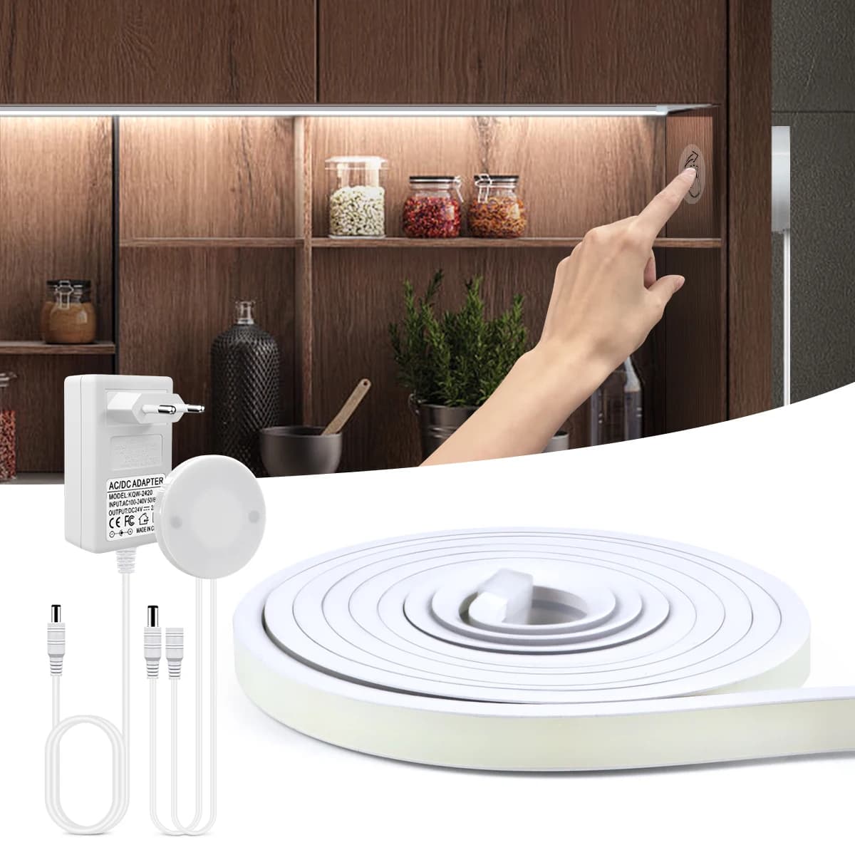 Luz de tira LED de 220V a 24V de alta potência com sensor de toque e interruptor para cozinha
