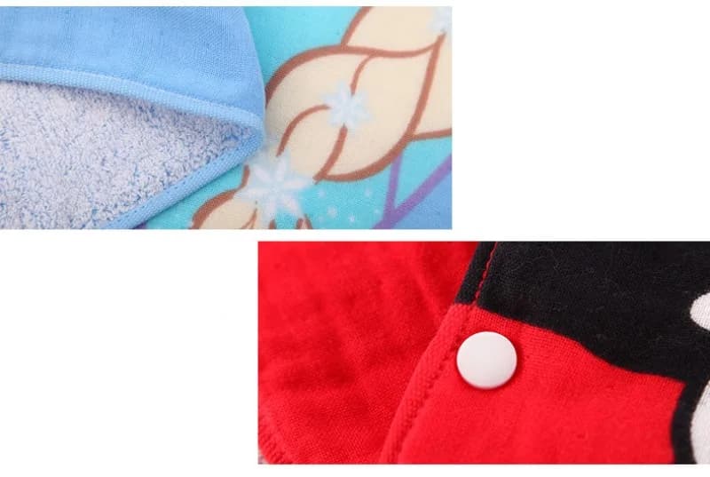 Detalhes do tecido de algodão macio e botão de pressão branco na toalha infantil Marvel