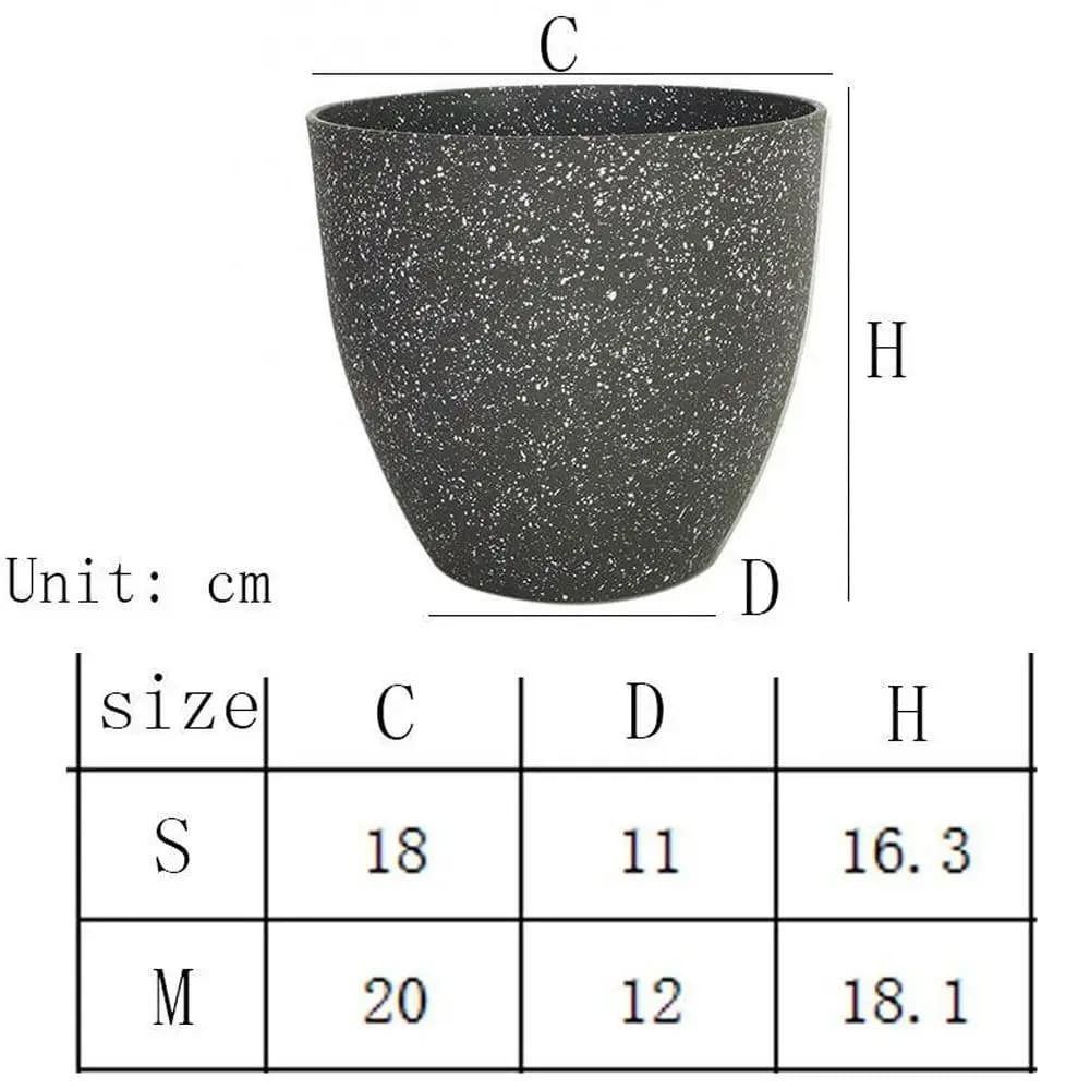 Dimensões dos vasos Jácotei linha moderna imitação de pedra com medidas em centímetros para tamanhos S e M