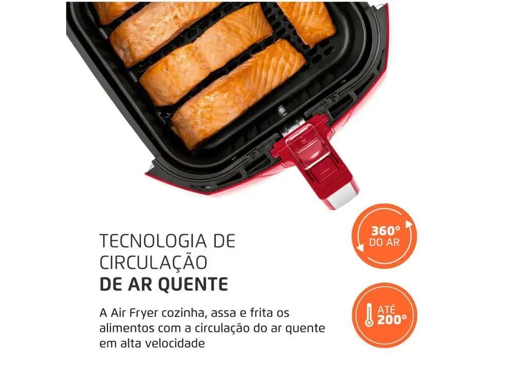 Fritadeira elétrica Mondial Air Fryer vermelha com salmão no cesto e tecnologia de circulação de ar quente