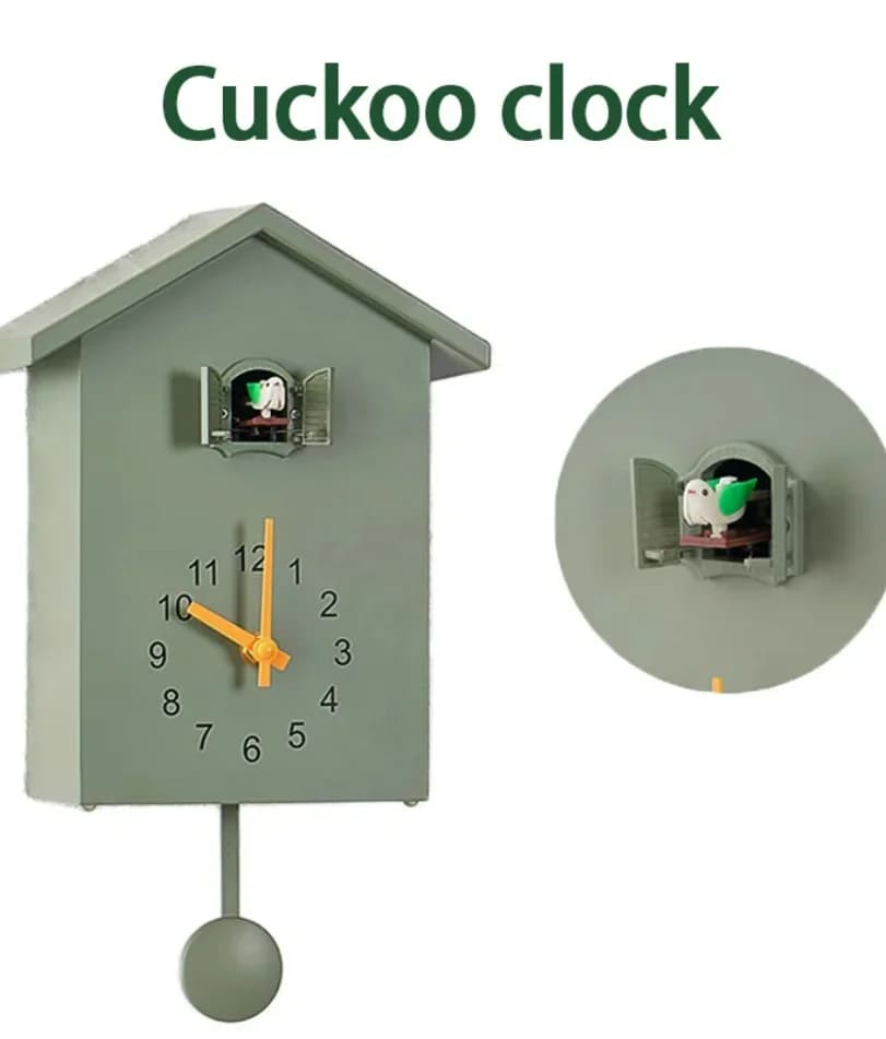 Relógio de parede Cucolândia verde com pássaro quartzo e pêndulo moderno 20x25cm