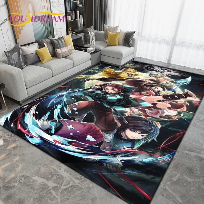 Tapete grande de desenho animado de Demon Slayer, antiderrapante, para sala de estar e decoração de quarto infantil.