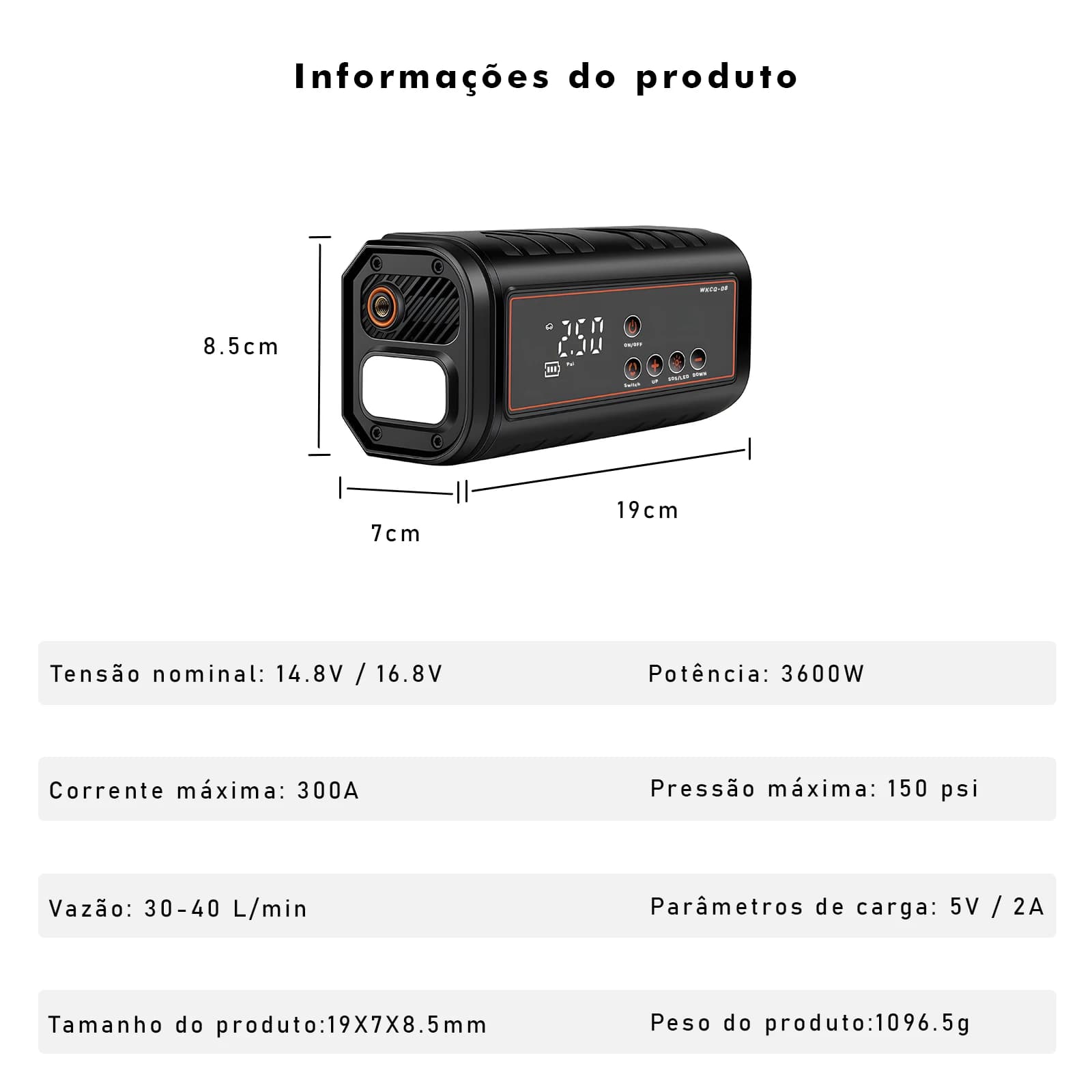 Power Bank com Compressor de Ar para Carro 2 em 1 Arranque de Emergência 8000mAh Inflador de Pneus Luz SOS Carregamento Tipo-C