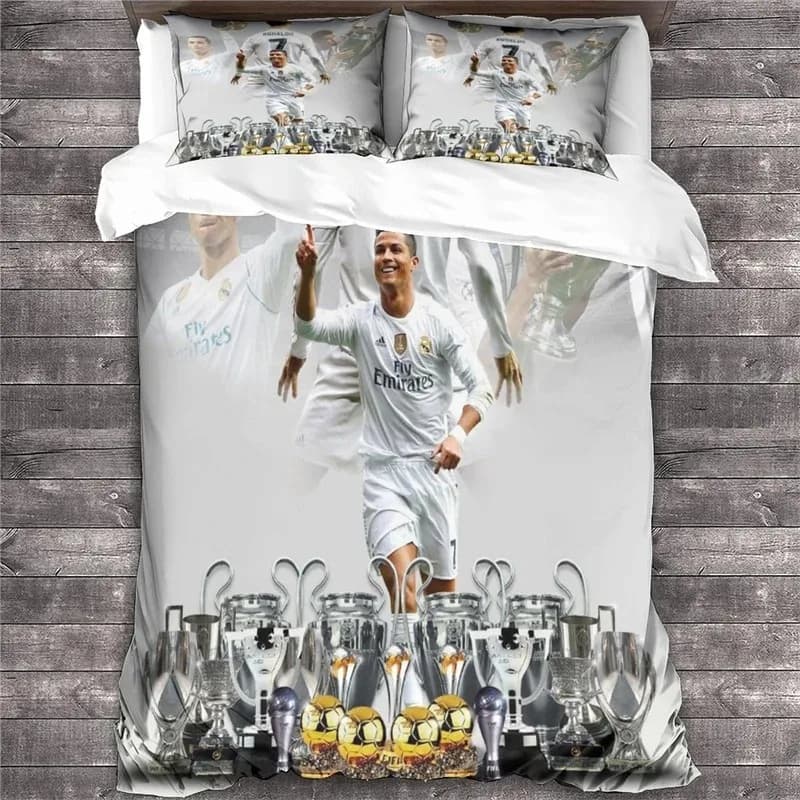 Capa de edredom cinza com estampa 3D de Ronaldo e troféus de futebol em estilo realista