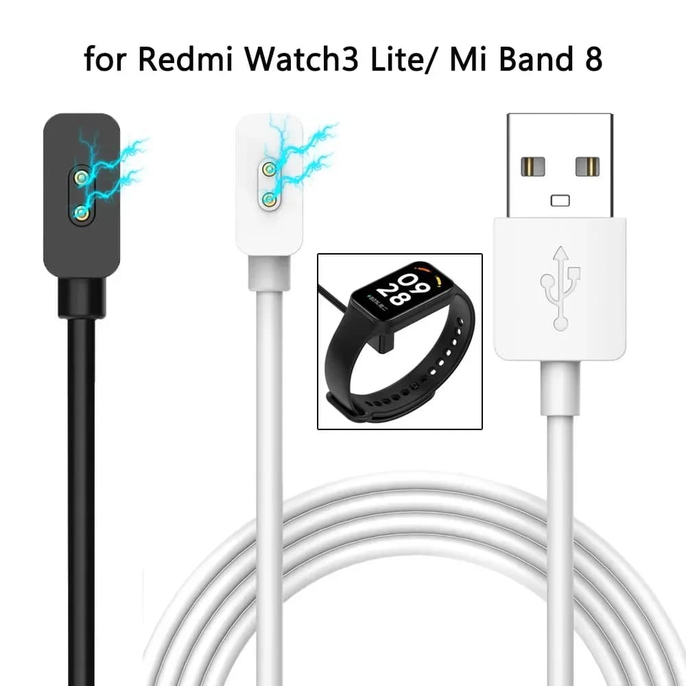 Cabo carregador USB magnético branco e preto para Redmi Watch 3 Lite e Mi Band 8 com conexão USB