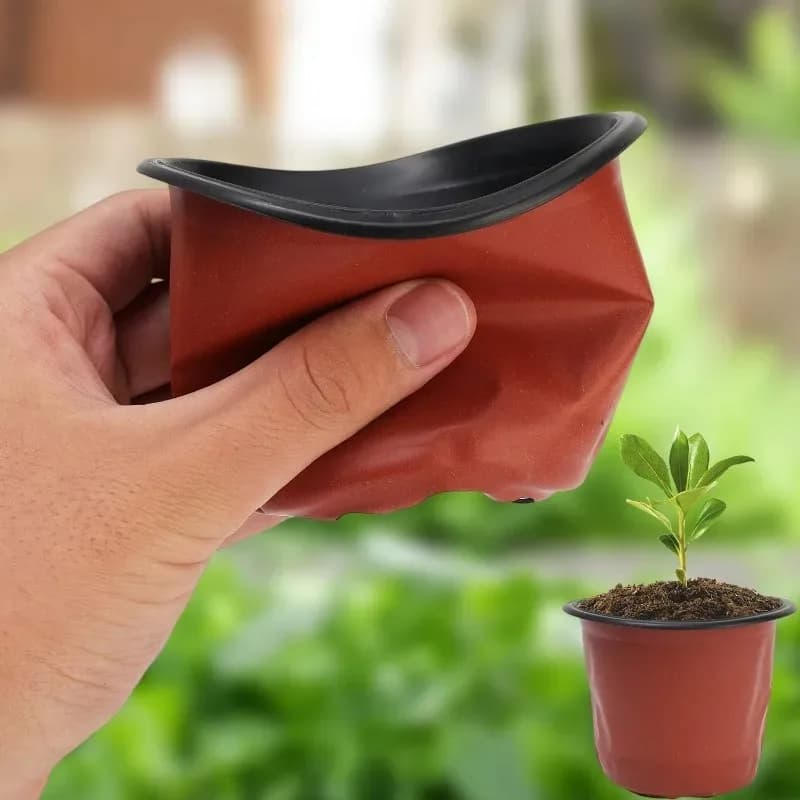 Mão segurando vaso flexível para mudas Jácotei berçário preto com furos de drenagem