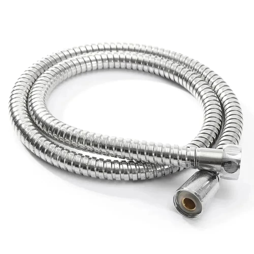 Tubo flexível de aço inoxidável para chuveiro, cor prata metálica, fundo branco