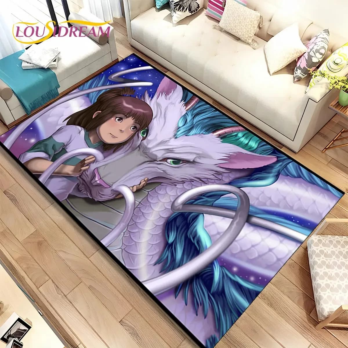 Tapete infantil antiderrapante verde escuro com estampa 3D do dragão e menina Spirited Away