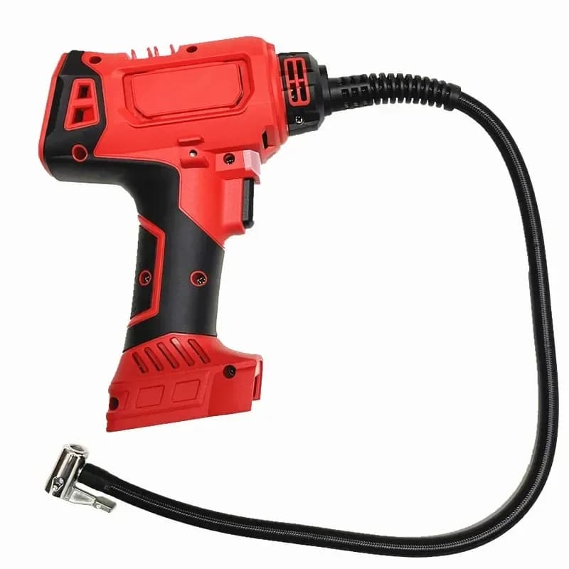 Bomba de ar elétrica portátil vermelha e preta com mangueira longa flexível para pneus, uso sem fio