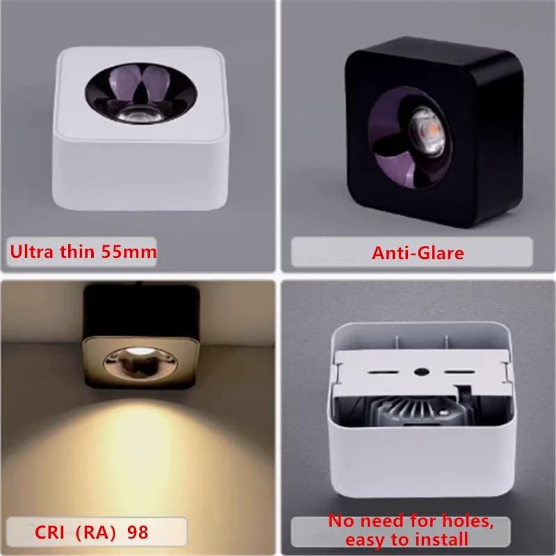 Luminária embutida LED ultrafina preta, luz amarela suave, fundo branco