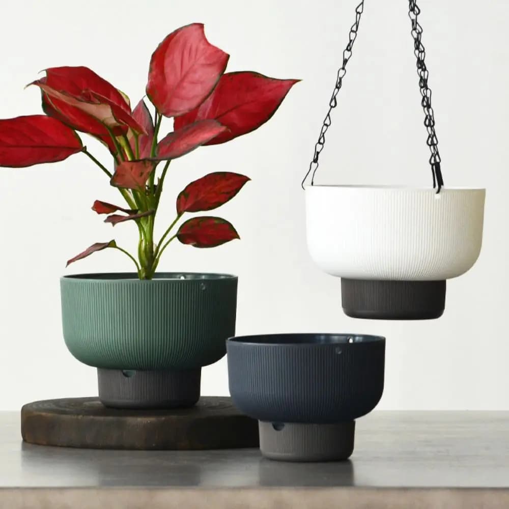 Vasos autoirrigáveis para plantas em verde, branco e preto com base removível, design moderno