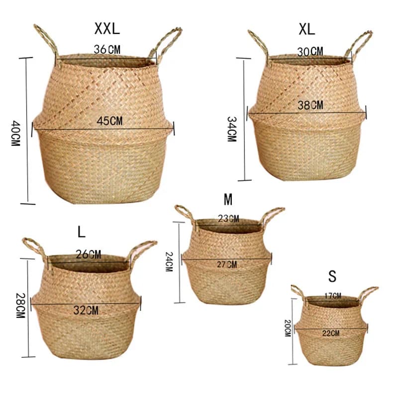 Cesta de armazenamento Jácotei trançada marrom claro com alças, medidas dos tamanhos S, M, L, XL e XXL