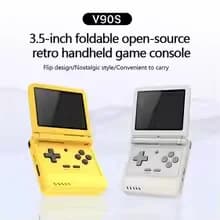 Console de jogos portátil Powkiddy V90S retrô com tela flip 3,5 polegadas nas cores amarelo e branco