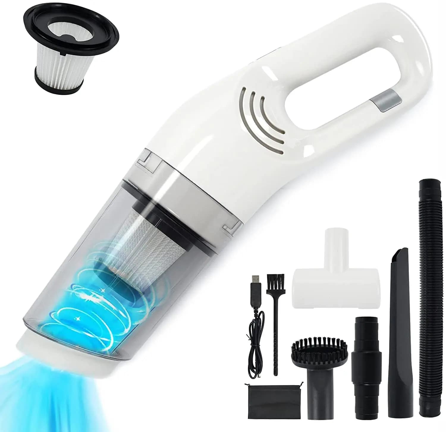 Aspirador de Carro Sem Fio Portátil com Luz Azul e Acessórios