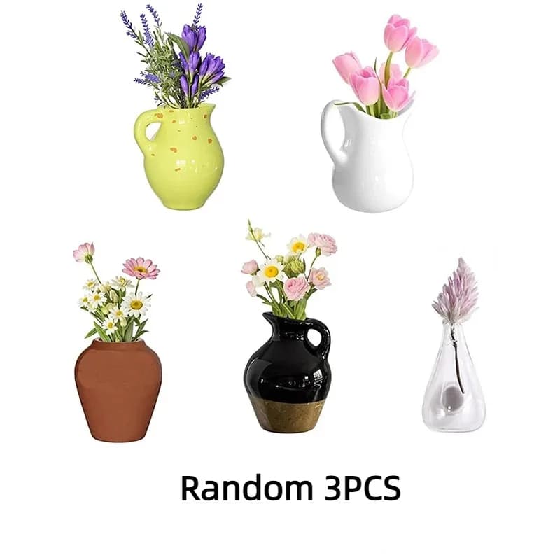 Três vasos magnéticos mini flor criativa em resina com flores artificiais coloridas para geladeira