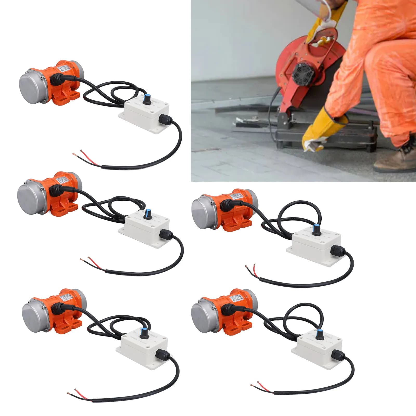 Motores de vibração elétricos laranja e cinza com cabos pretos