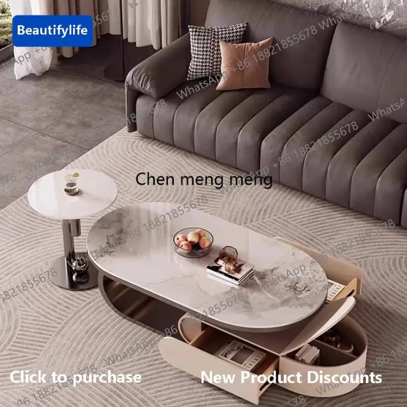 Mesa de Centro Pequena A56 com Gaveta, Design Europeu Minimalista, Mesa de Centro Branca para Sala de Estar, Móveis para Casa