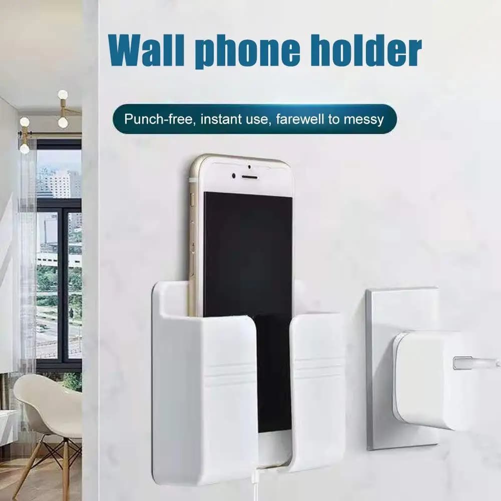 Suporte de parede para celular branco com texto promocional